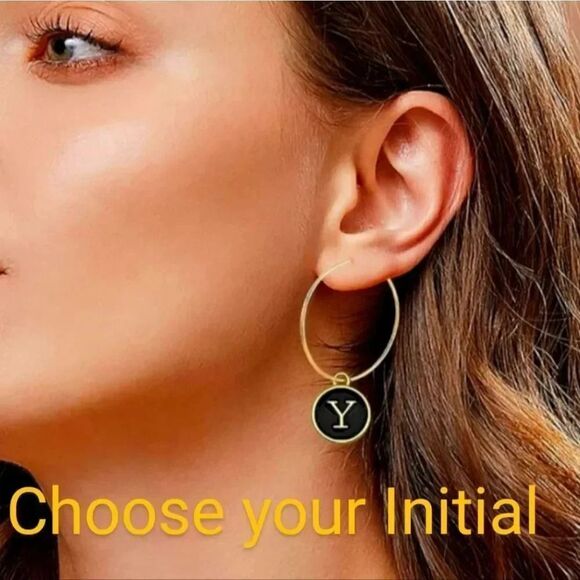 Initial Charm Earrings Black and Gold - Picture 1 of 3